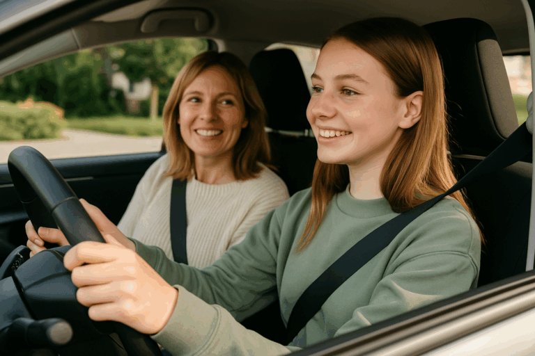 jeune fille au volant avec sa maman à côté pour a conduite accompagnée